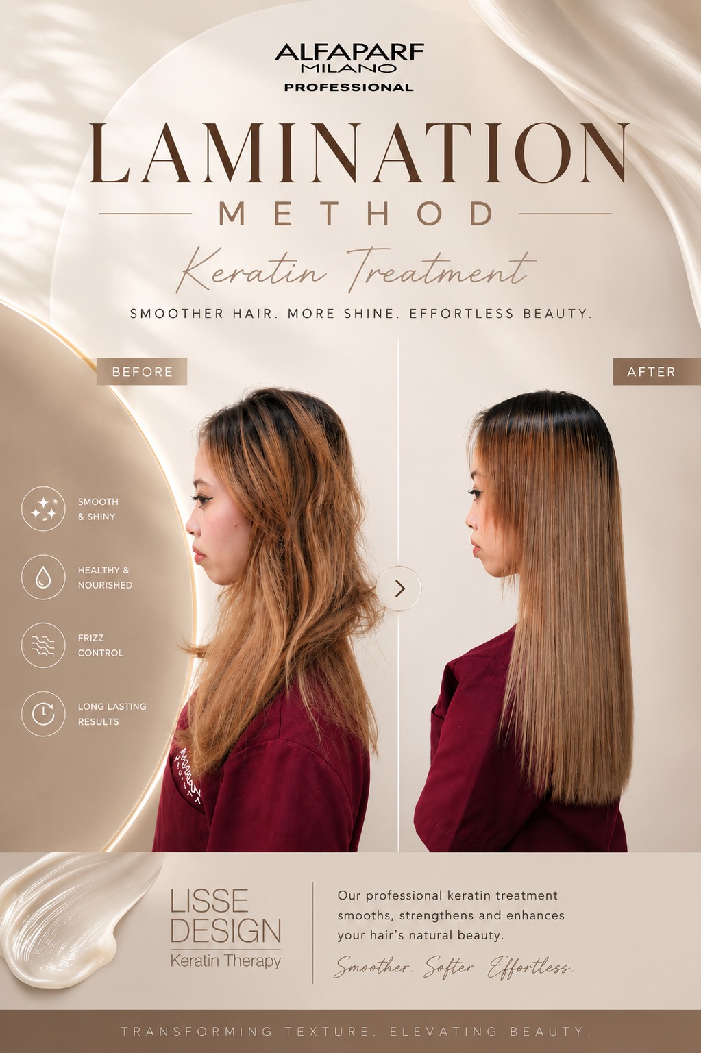 Alfaparf Lisse Design keratin lamination before and after