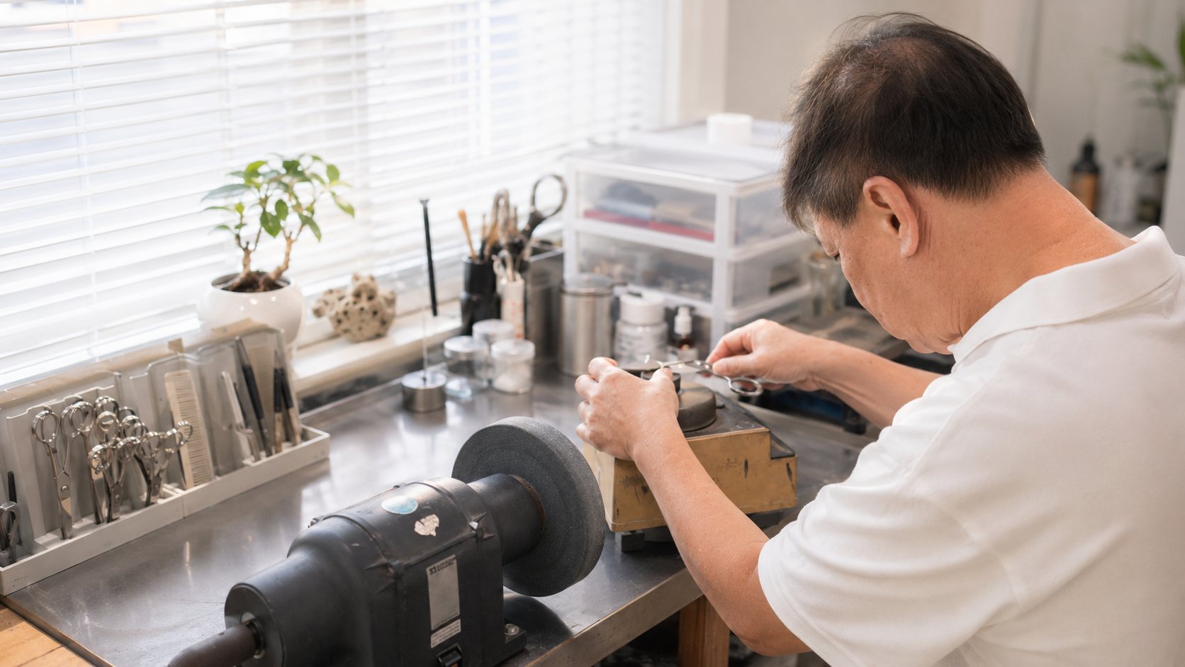 Passion Group founder sharpening his professional hair-cutting scissors at his workbench