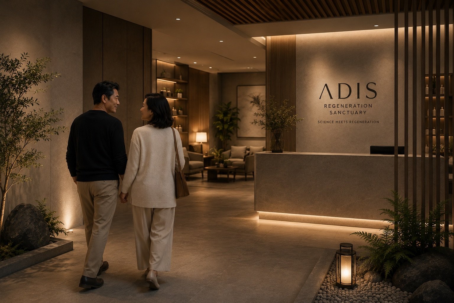 Couple arriving at the ADIS Regeneration Sanctuary reception