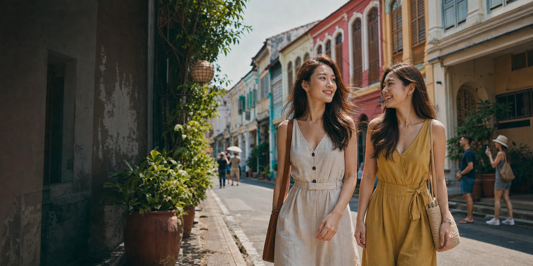 Two friends walking happily along Penang heritage street